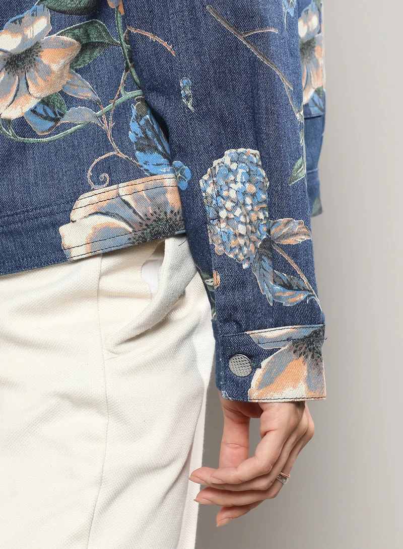 Pinacolada  Women's Blue Botanical Denim Jacket For Casual Wear | Spread Collar | Long Sleeve | Button Closure | Jacket Crafted With Comfort Fit For Everyday Wear for Women | Best Price UAE